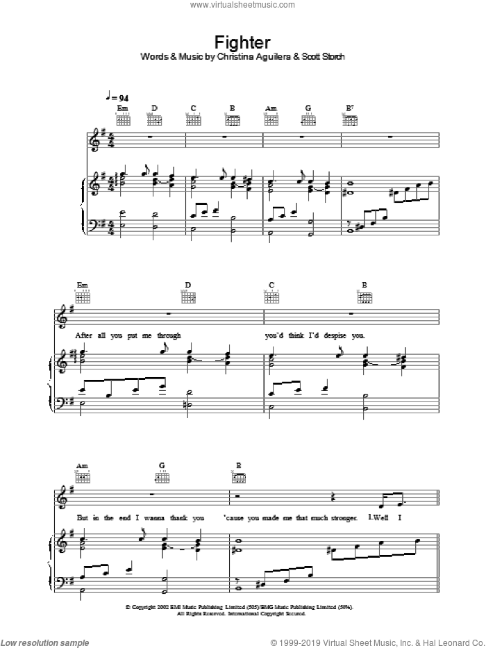 Fighter sheet music for voice, piano or guitar by Christina Aguilera, intermediate skill level