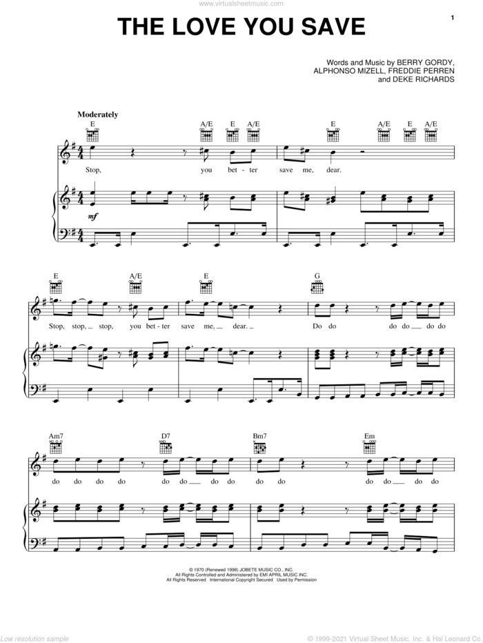 The Love You Save sheet music for voice, piano or guitar by The Jackson 5, Michael Jackson, Alphonso Mizell, Berry Gordy, Dennis Lussier and Frederick Perren, intermediate skill level