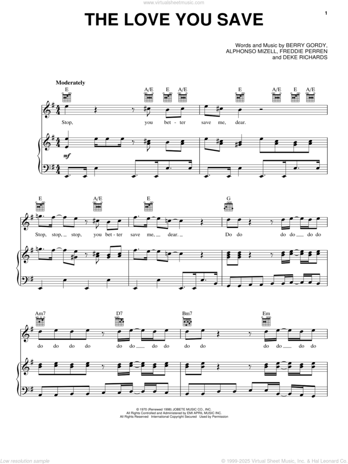 The Love You Save sheet music for voice, piano or guitar by The Jackson 5, Michael Jackson, Alphonso Mizell, Berry Gordy, Dennis Lussier and Frederick Perren, intermediate skill level