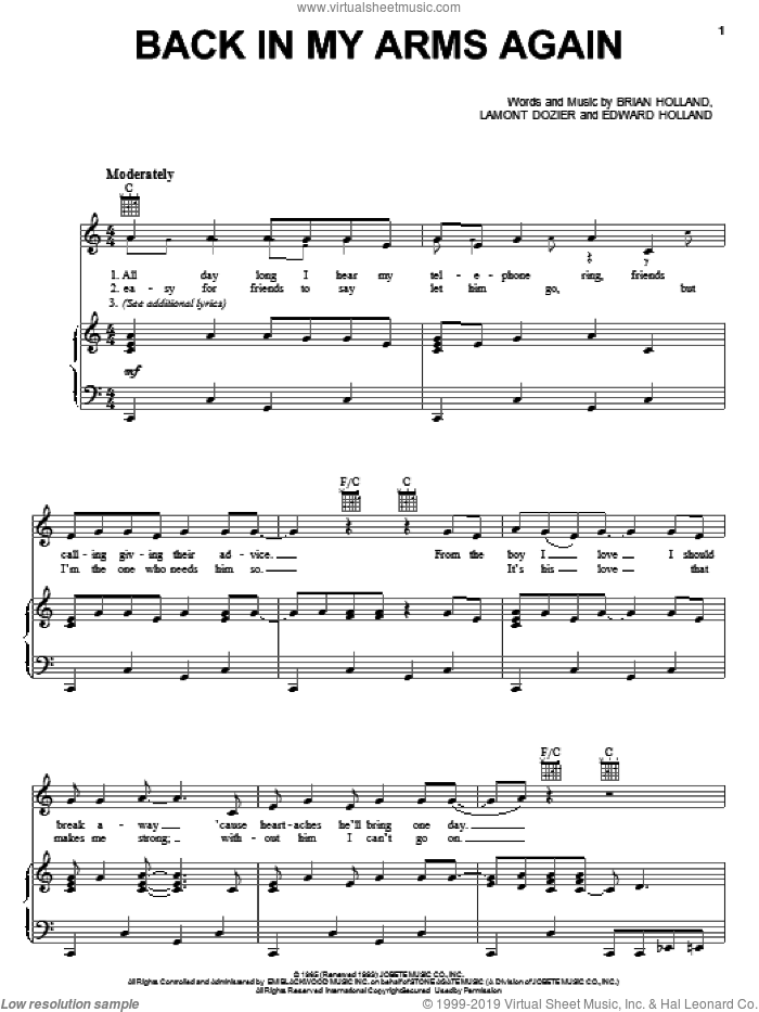 Back In My Arms Again sheet music for voice, piano or guitar by The Supremes, Brian Holland, Eddie Holland and Lamont Dozier, intermediate skill level