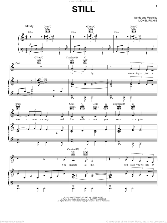 Still sheet music for voice, piano or guitar by The Commodores and Lionel Richie, intermediate skill level