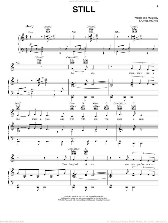 Still sheet music for voice, piano or guitar by The Commodores and Lionel Richie, intermediate skill level