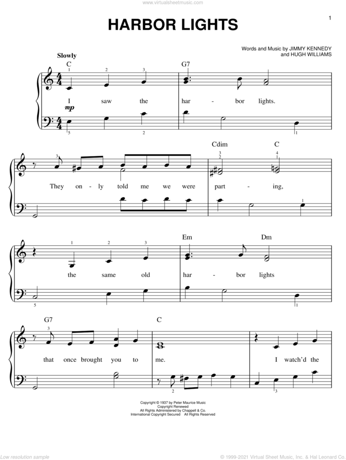 Harbor Lights sheet music for piano solo by Willie Nelson, The Platters, Hugh Williams and Jimmy Kennedy, easy skill level