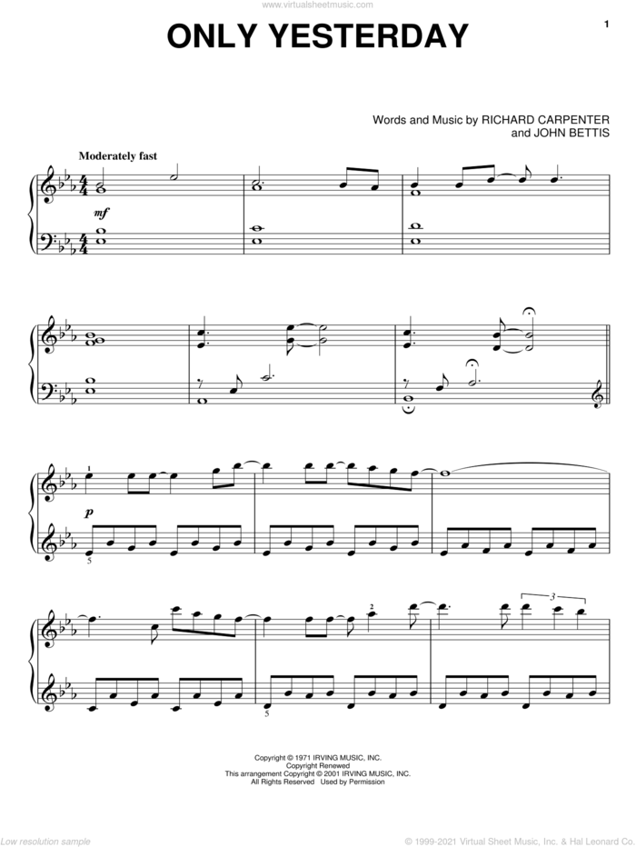 Only Yesterday sheet music for piano solo by Carpenters, John Bettis and Richard Carpenter, intermediate skill level