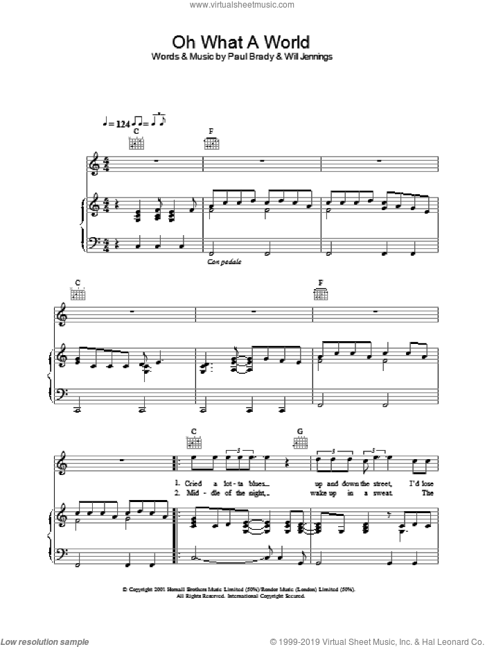 Oh What A World sheet music for voice, piano or guitar by Paul Brady, intermediate skill level