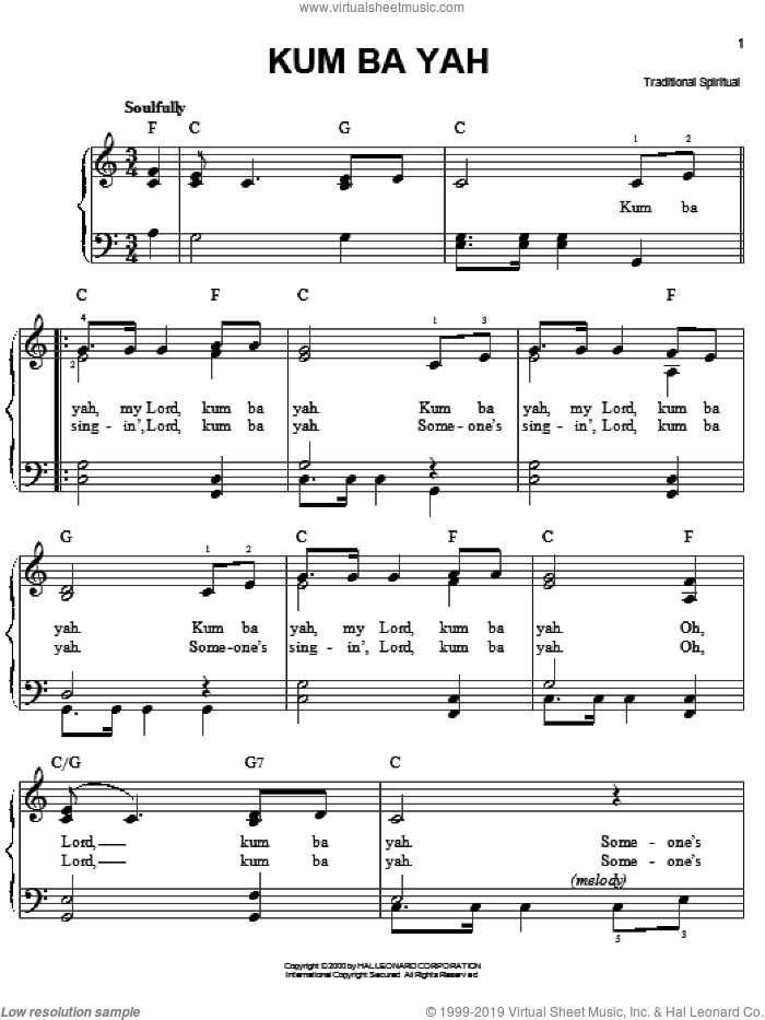 Kum Ba Yah, (easy) sheet music for piano solo, easy skill level