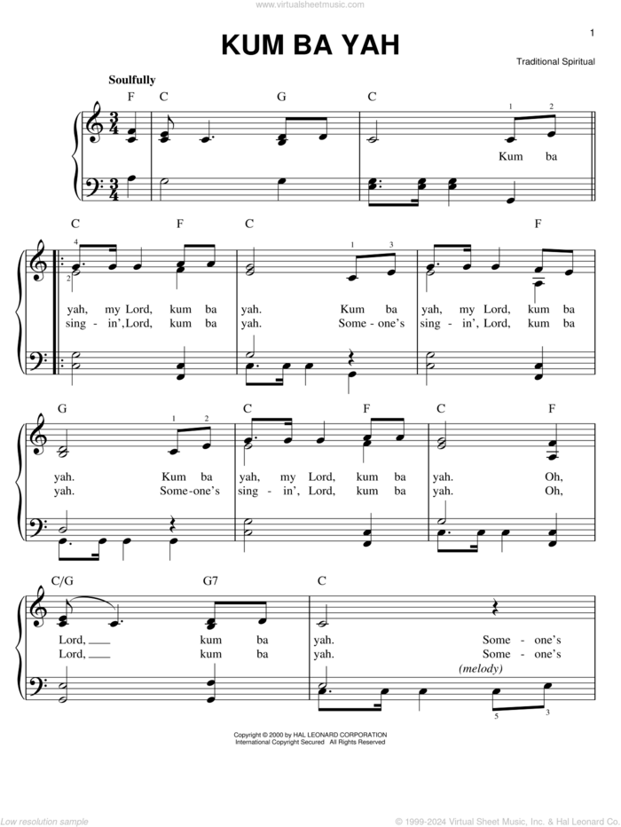 Kum Ba Yah, (easy) sheet music for piano solo, easy skill level