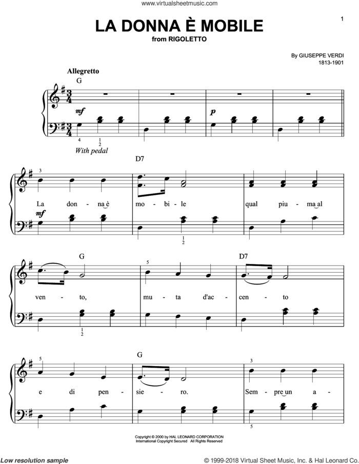La Donna e Mobile sheet music for piano solo by Giuseppe Verdi, classical score, easy skill level