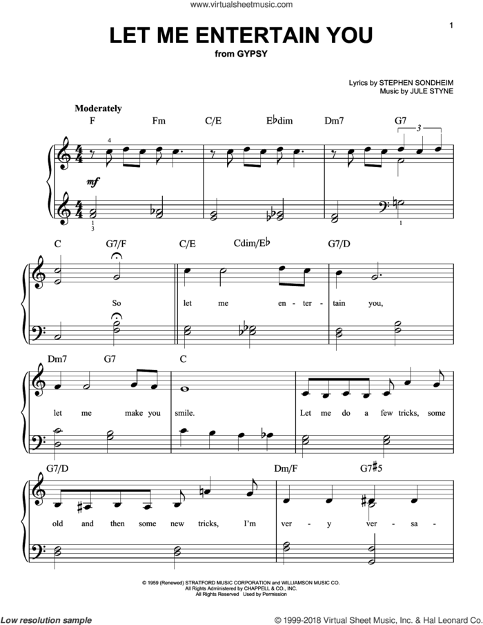 Let Me Entertain You sheet music for piano solo by Stephen Sondheim, Gypsy (Musical) and Jule Styne, easy skill level