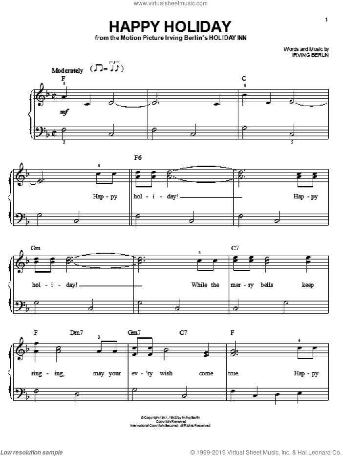 Happy Holiday sheet music for piano solo by Irving Berlin, beginner skill level