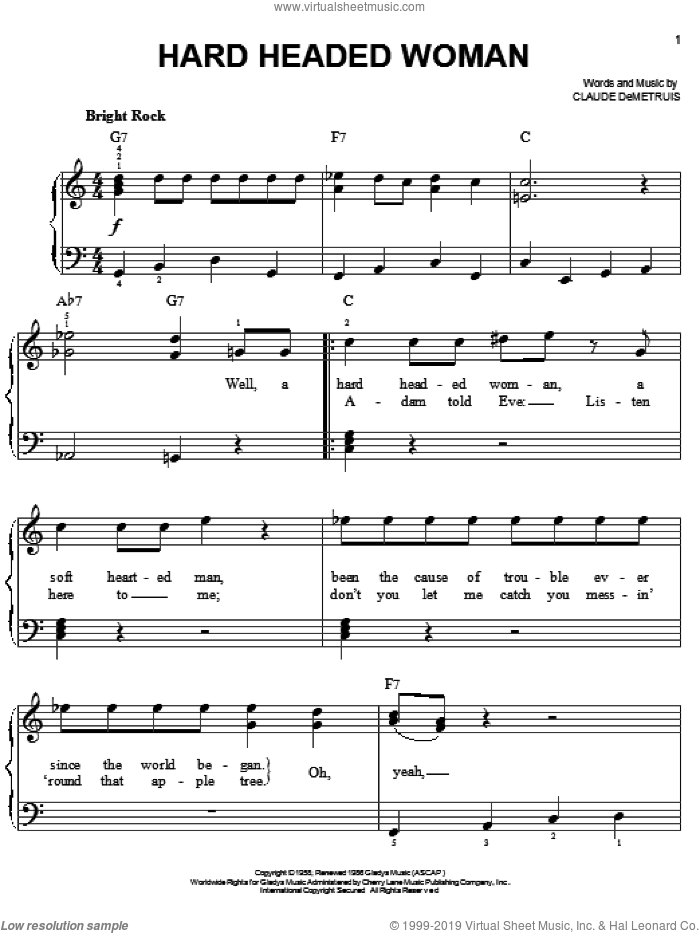 Hard Headed Woman sheet music for piano solo by Elvis Presley and Claude DeMetruis, easy skill level