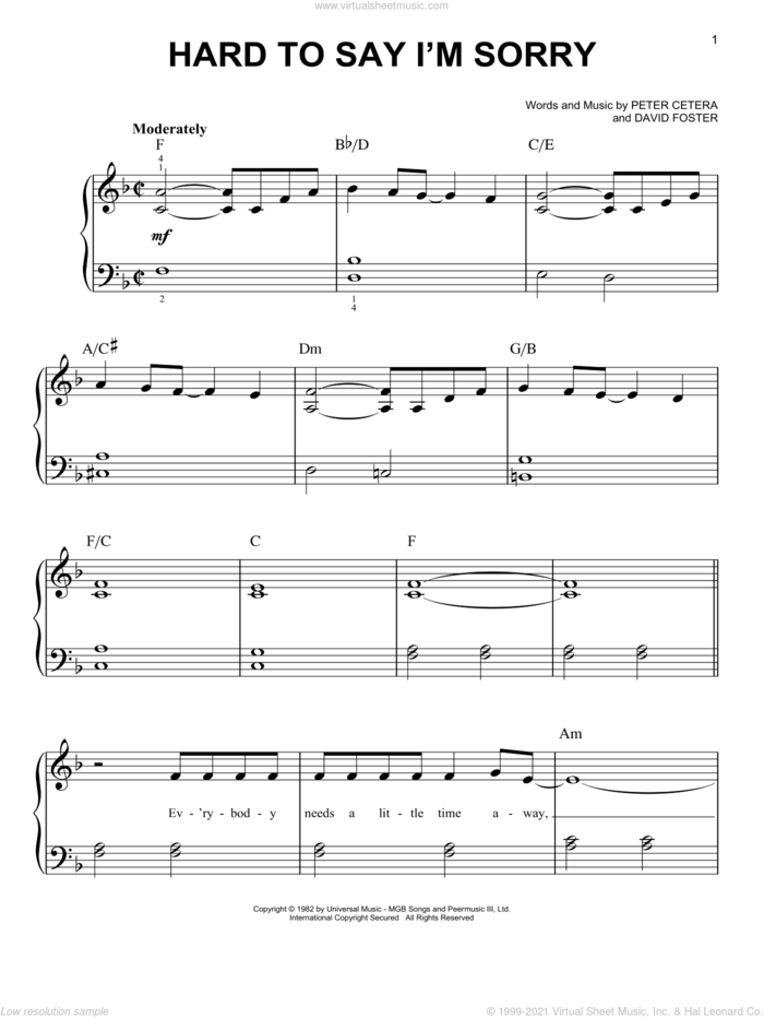 Hard To Say I'm Sorry sheet music for piano solo by Chicago, David Foster and Peter Cetera, easy skill level