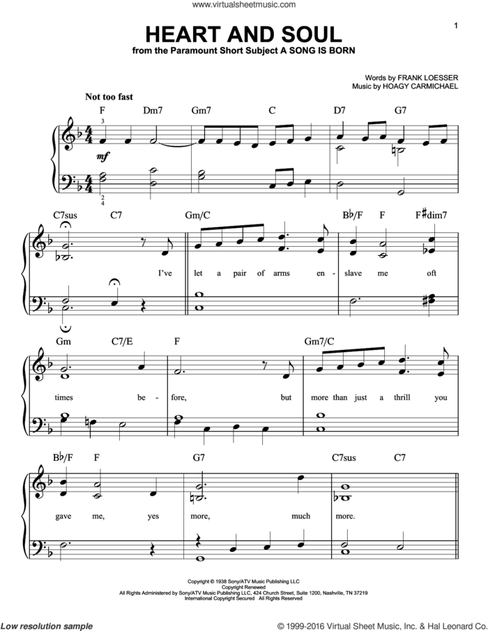 Heart And Soul, (easy) sheet music for piano solo by Hoagy Carmichael and Frank Loesser, wedding score, easy skill level