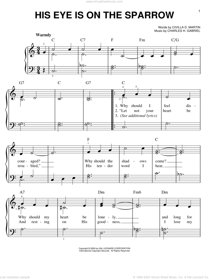 His Eye Is On The Sparrow, (easy) sheet music for piano solo by Mahalia Jackson, Marvin Gaye, Charles H. Gabriel and Civilla D. Martin, easy skill level
