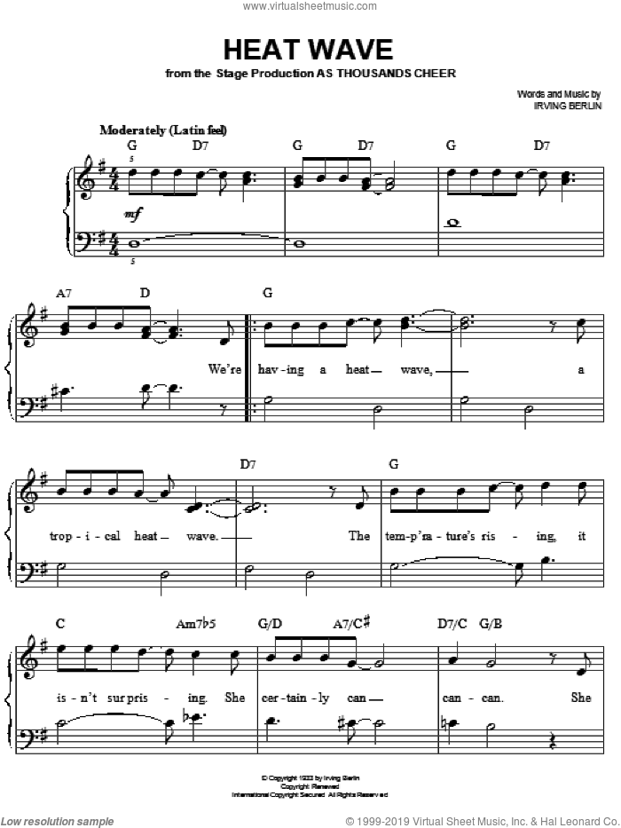 Heat Wave, (easy) sheet music for piano solo by Irving Berlin, easy skill level
