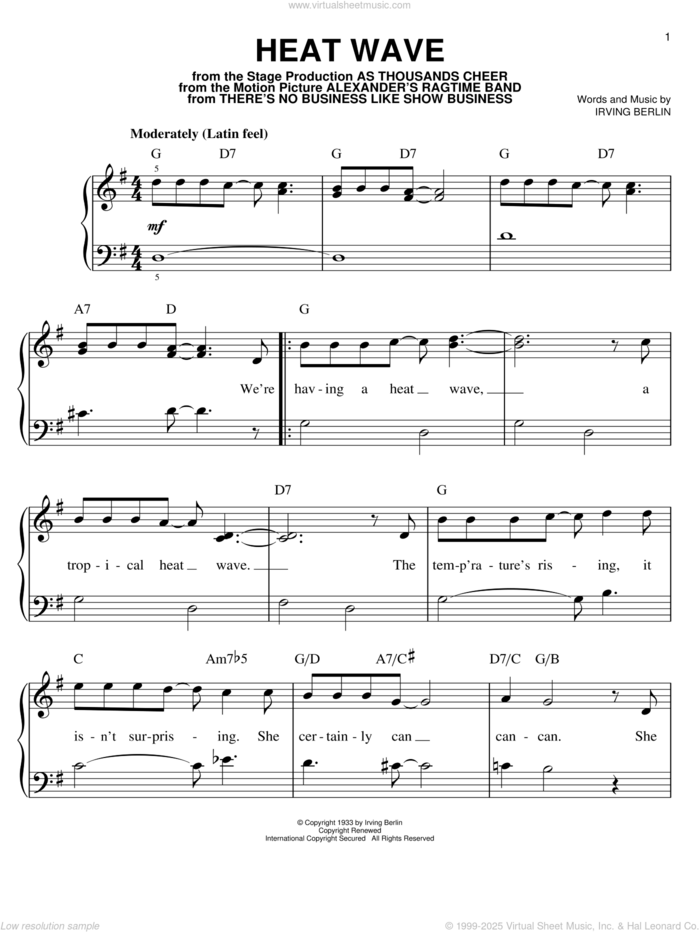 Heat Wave, (easy) sheet music for piano solo by Irving Berlin, easy skill level