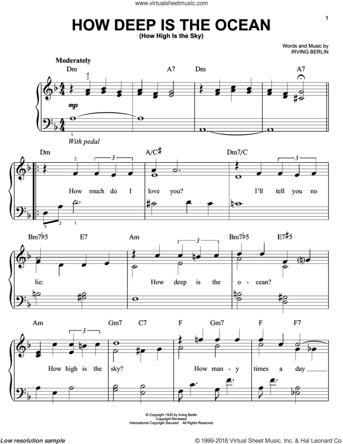 How Deep Is The Ocean (How High Is The Sky) sheet music for piano solo by Irving Berlin, wedding score, easy skill level