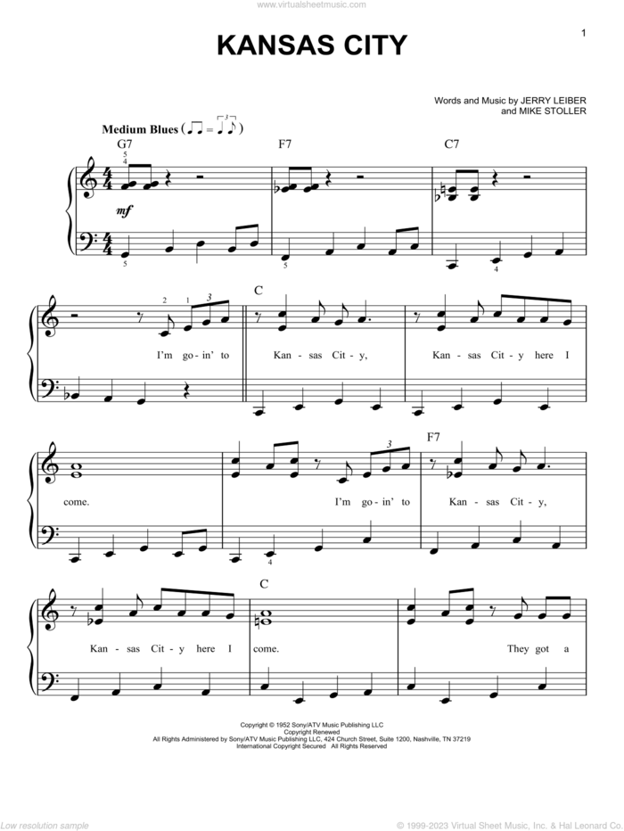 Kansas City sheet music for piano solo by Wilbert Harrison, Leiber & Stoller, The Beatles, Jerry Leiber and Mike Stoller, beginner skill level