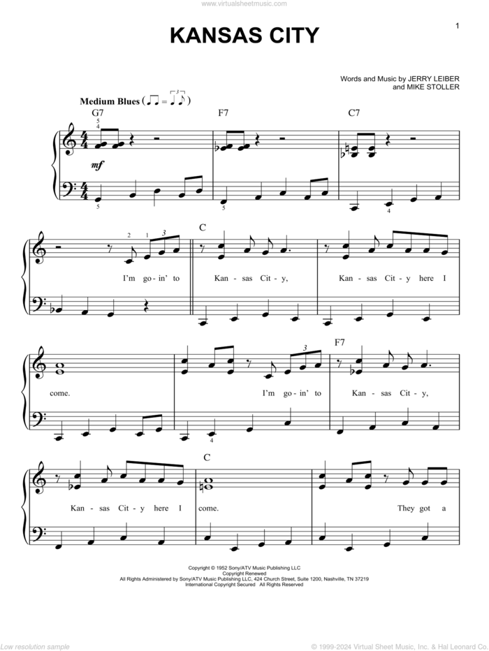 Kansas City sheet music for piano solo by Wilbert Harrison, Leiber & Stoller, The Beatles, Jerry Leiber and Mike Stoller, beginner skill level