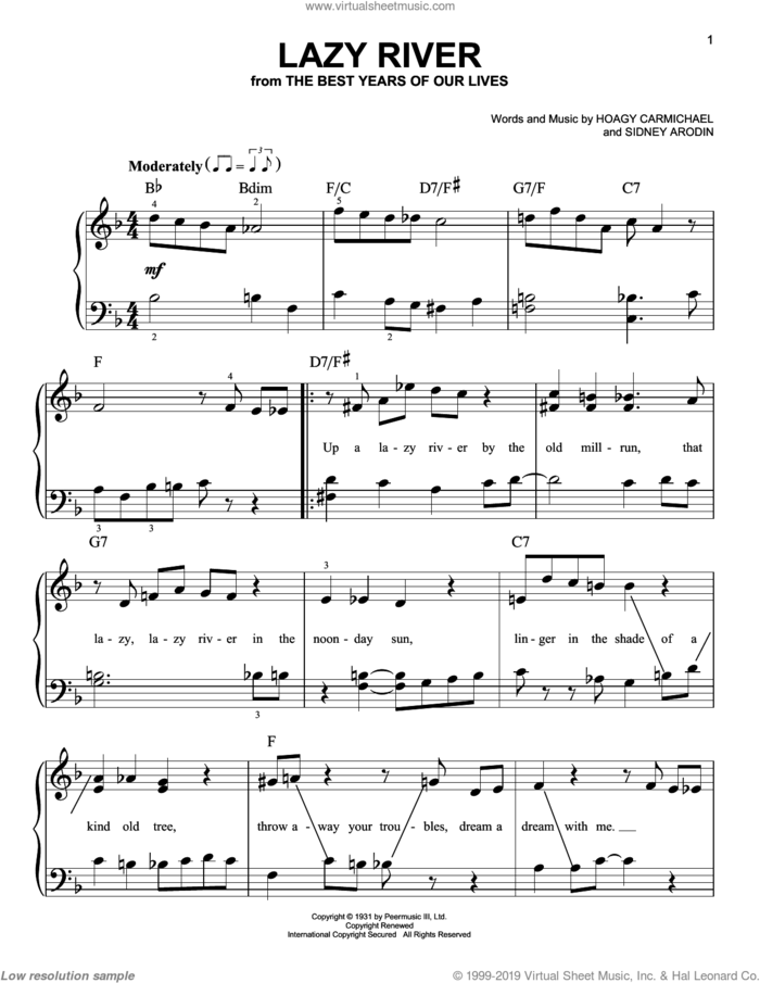 Lazy River, (easy) sheet music for piano solo by Bobby Darin, Hoagy Carmichael and Sidney Arodin, easy skill level