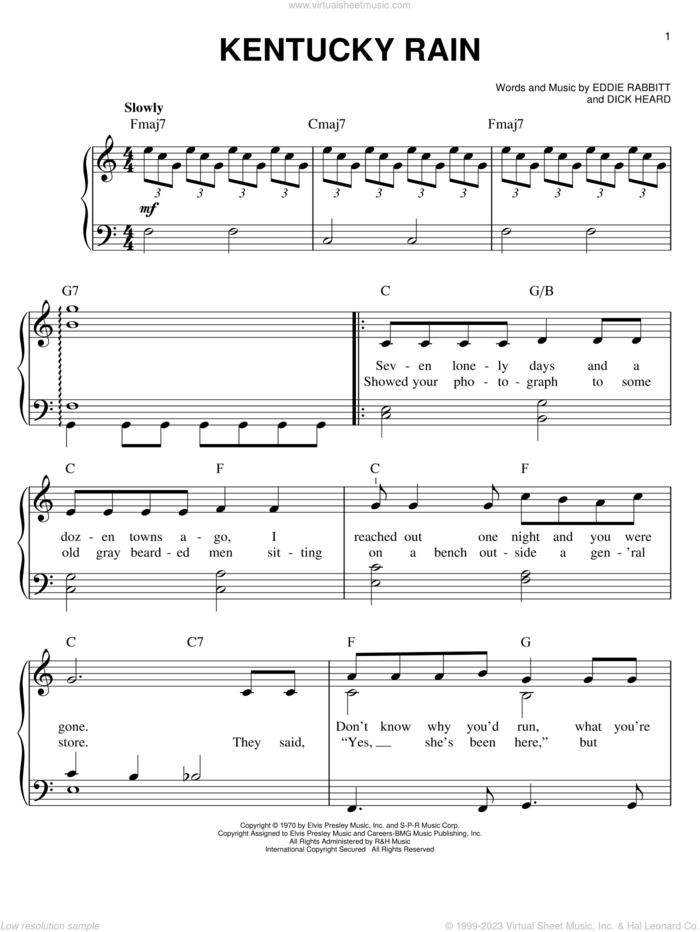 Kentucky Rain, (easy) sheet music for piano solo by Elvis Presley, Dick Heard and Eddie Rabbitt, easy skill level