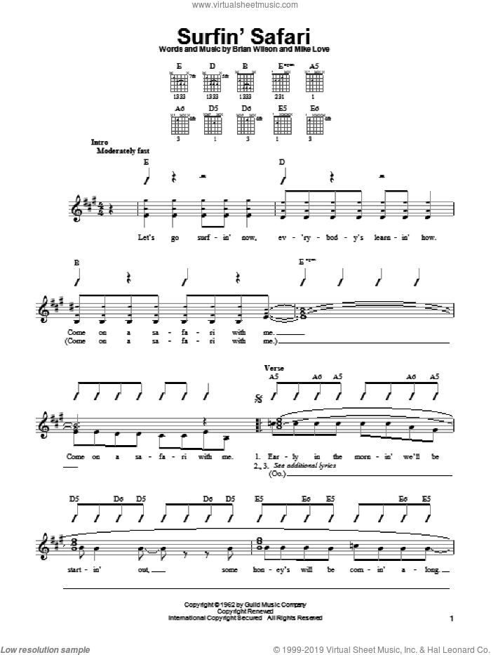 Surfin' Safari sheet music for guitar solo (chords) by The Beach Boys, Brian Wilson and Mike Love, easy guitar (chords)