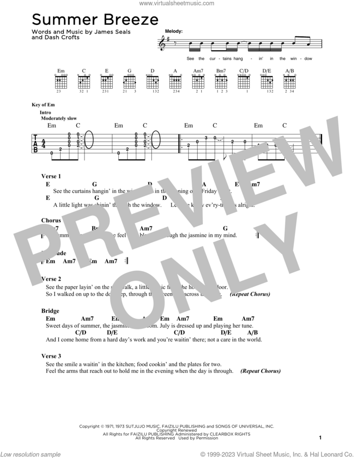Summer Breeze sheet music for guitar solo by Seals & Crofts, Dash Crofts and James Seals, intermediate skill level