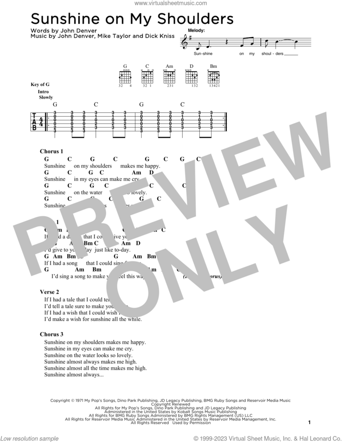 Sunshine On My Shoulders sheet music for guitar solo by John Denver, Dick Kniss and Mike Taylor, intermediate skill level