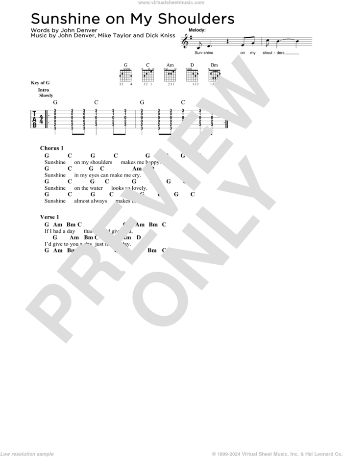 Sunshine On My Shoulders sheet music for guitar solo by John Denver, Dick Kniss and Mike Taylor, intermediate skill level