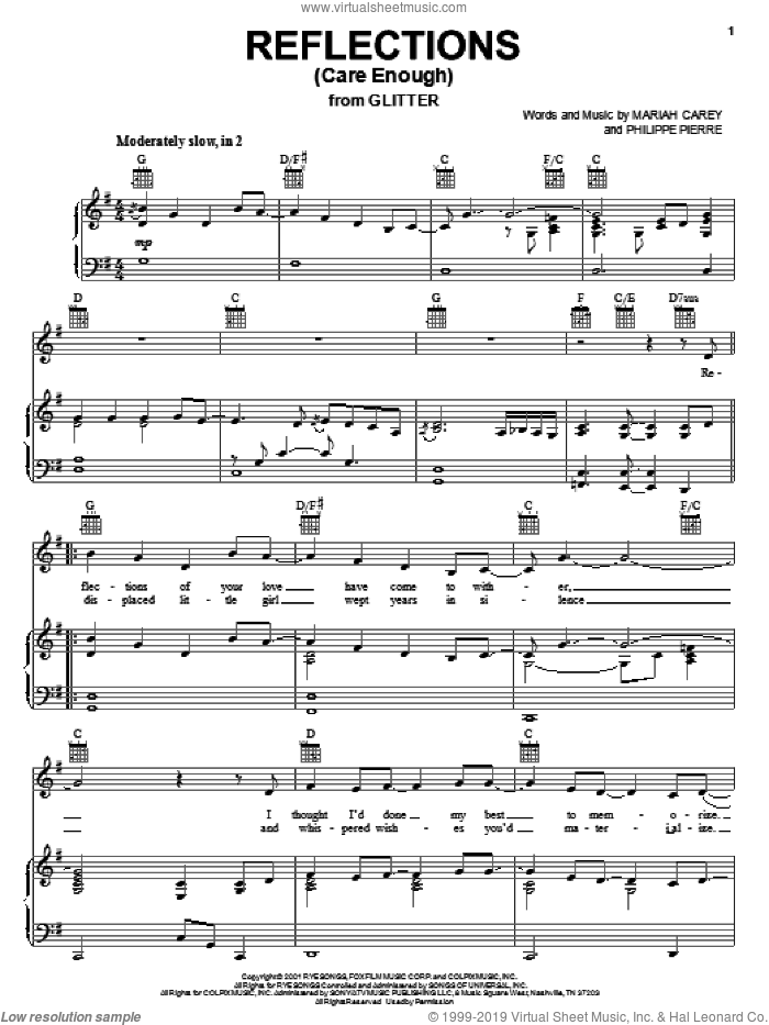 Reflections (Care Enough) sheet music for voice, piano or guitar by Mariah Carey and Philippe Pierre, intermediate skill level