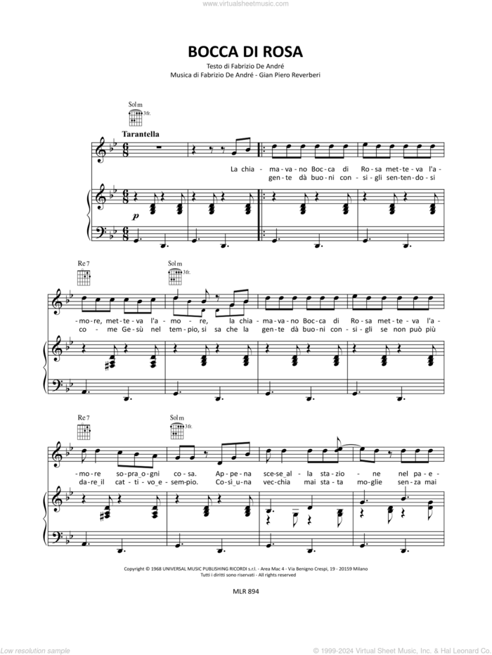 Bocca di rosa sheet music for voice and piano by Fabrizio De André and Gian Piero Reverberi, intermediate skill level