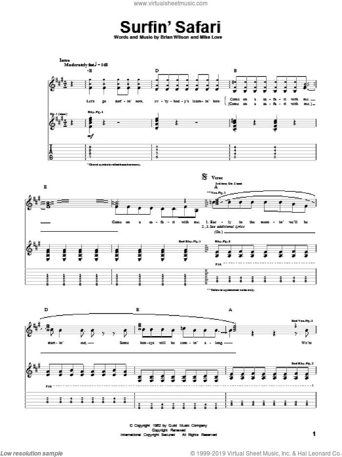 Surfin' Safari sheet music for guitar (tablature) by The Beach Boys, Brian Wilson and Mike Love, intermediate skill level
