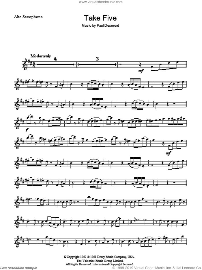 Take Five sheet music for voice and other instruments (fake book) by Dave Brubeck and Paul Desmond, intermediate skill level