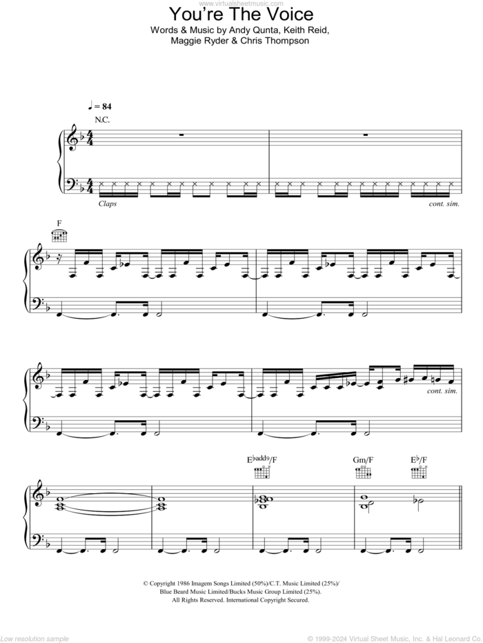 You're The Voice sheet music for voice, piano or guitar by John Farnham, Andy Qunta, Chris Thompson, Keith Reid and Maggie Ryder, intermediate skill level