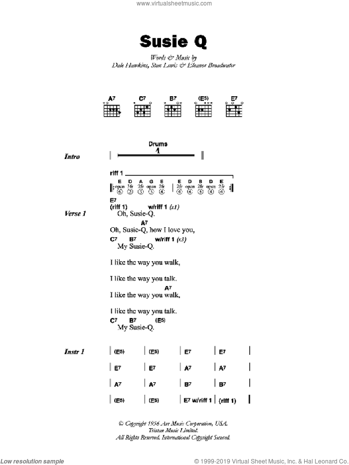 Susie Q sheet music for guitar (chords) by Dale Hawkins, Eleanor Broadwater and Stan Lewis, intermediate skill level