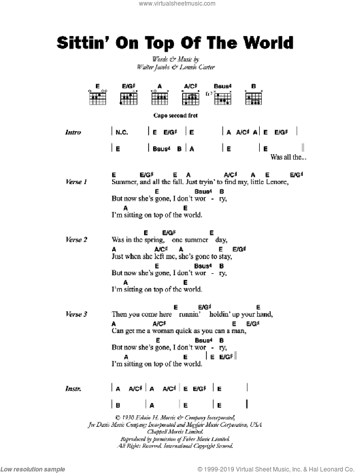 Sittin' On Top Of The World sheet music for guitar (chords) by Mississippi Sheiks, Bo Carter and Walter Jacobs, intermediate skill level