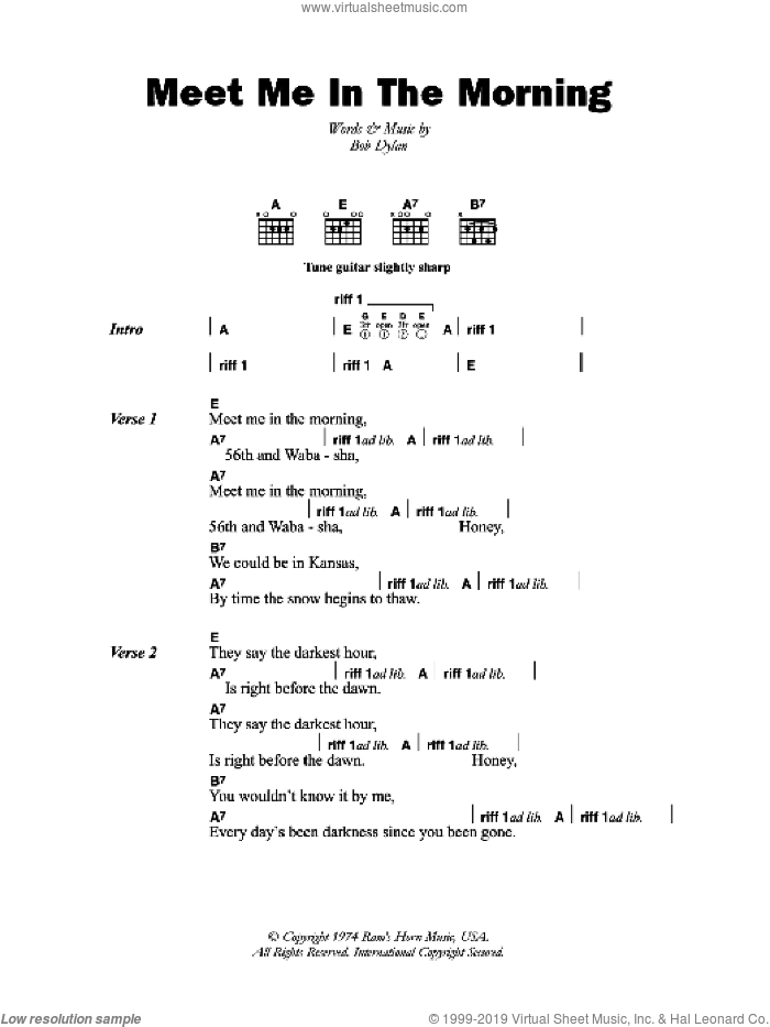Meet Me In The Morning sheet music for guitar (chords) by Bob Dylan, intermediate skill level