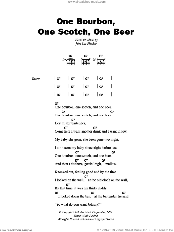 One Bourbon, One Scotch, One Beer sheet music for guitar (chords) by John Lee Hooker, intermediate skill level