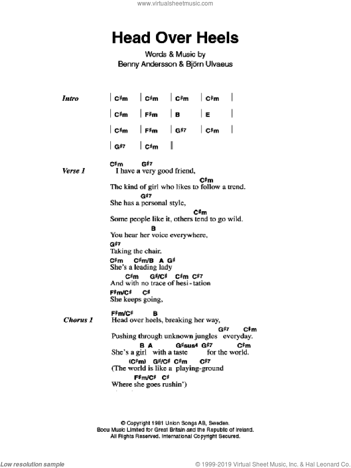 Head Over Heels sheet music for guitar (chords) by ABBA, Benny Andersson, Bjorn Ulvaeus and Miscellaneous, intermediate skill level