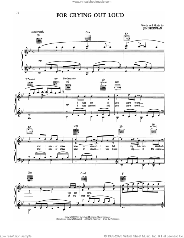 For Crying Out Loud sheet music for voice, piano or guitar by Meat Loaf and Jim Steinman, intermediate skill level