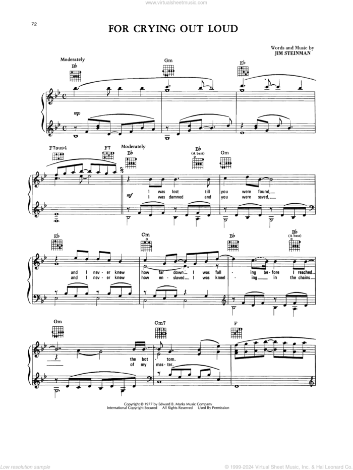For Crying Out Loud sheet music for voice, piano or guitar by Meat Loaf and Jim Steinman, intermediate skill level