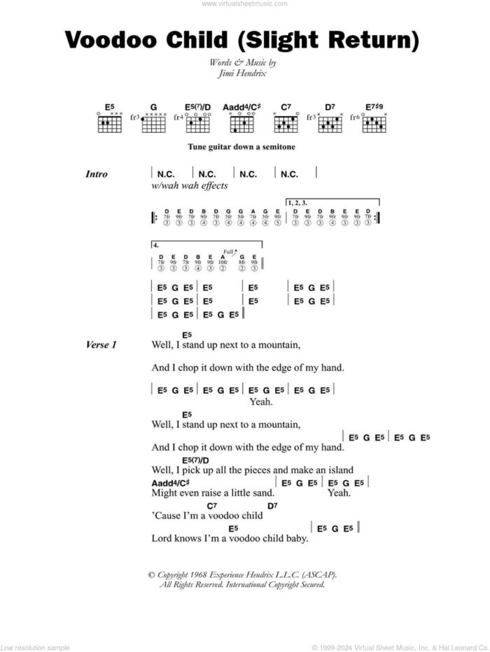 Voodoo Child (Slight Return) sheet music for guitar (chords) by Jimi Hendrix and Stevie Ray Vaughan, intermediate skill level