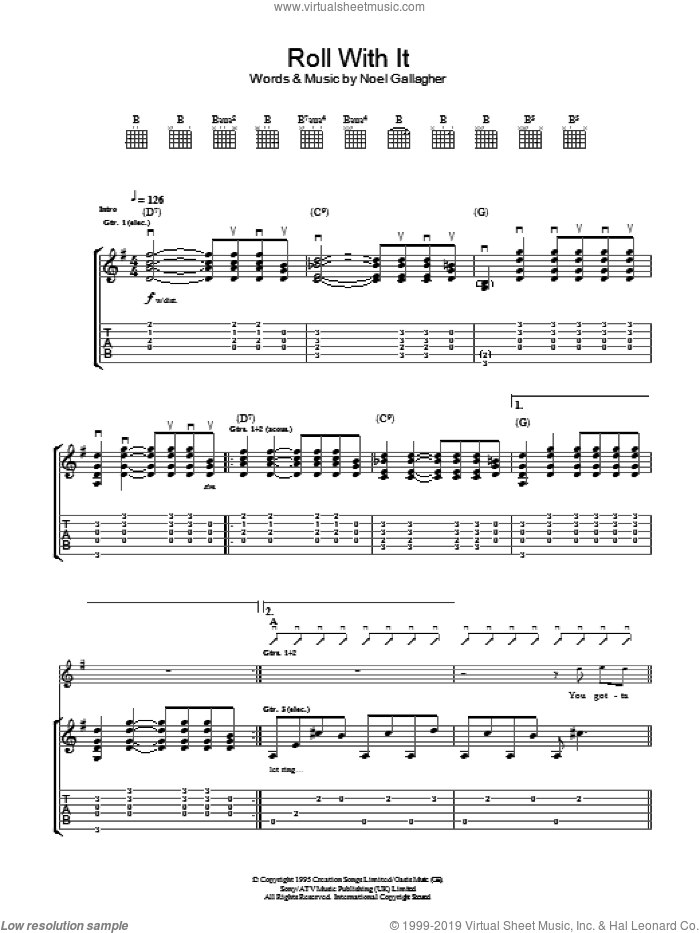 Roll With It sheet music for guitar (tablature) by Oasis and Noel Gallagher, intermediate skill level