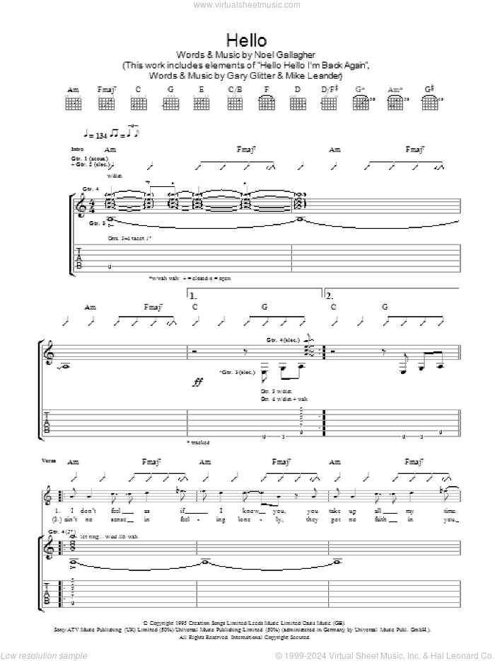 Hello sheet music for guitar (tablature) by Oasis and Noel Gallagher, intermediate skill level
