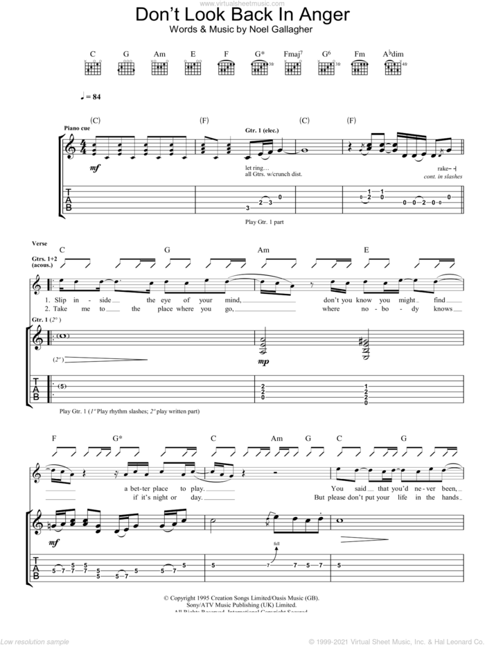 Don't Look Back In Anger sheet music for guitar (tablature) by Oasis and Noel Gallagher, intermediate skill level