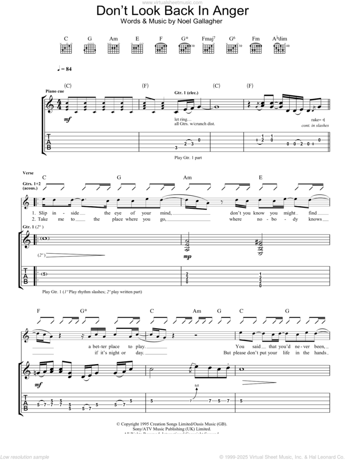 Don't Look Back In Anger sheet music for guitar (tablature) by Oasis and Noel Gallagher, intermediate skill level