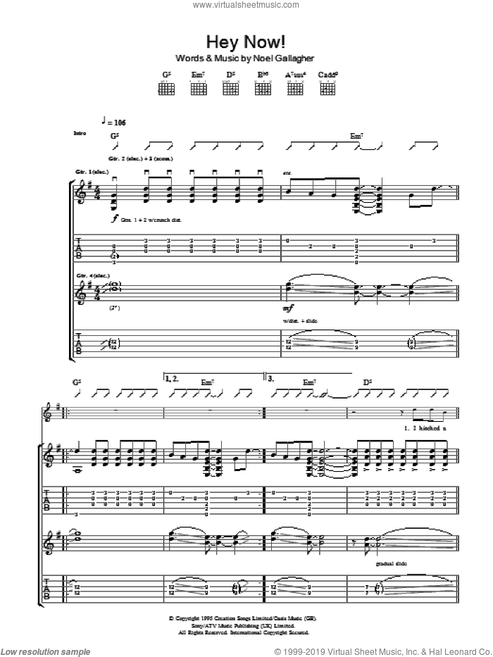 Hey Now sheet music for guitar (tablature) by Oasis and Noel Gallagher, intermediate skill level