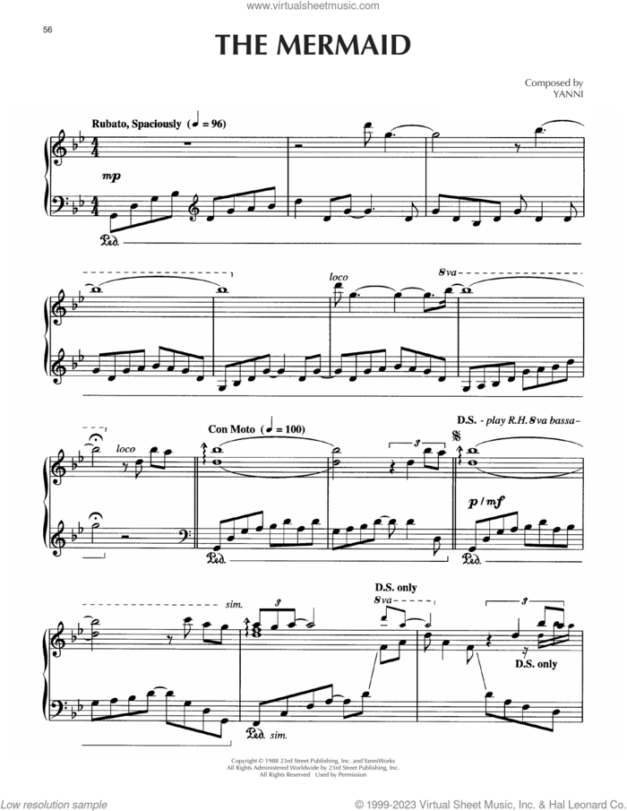 The Mermaid sheet music for piano solo by Yanni, intermediate skill level