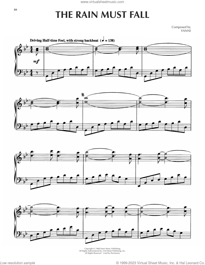 The Rain Must Fall sheet music for piano solo by Yanni, intermediate skill level