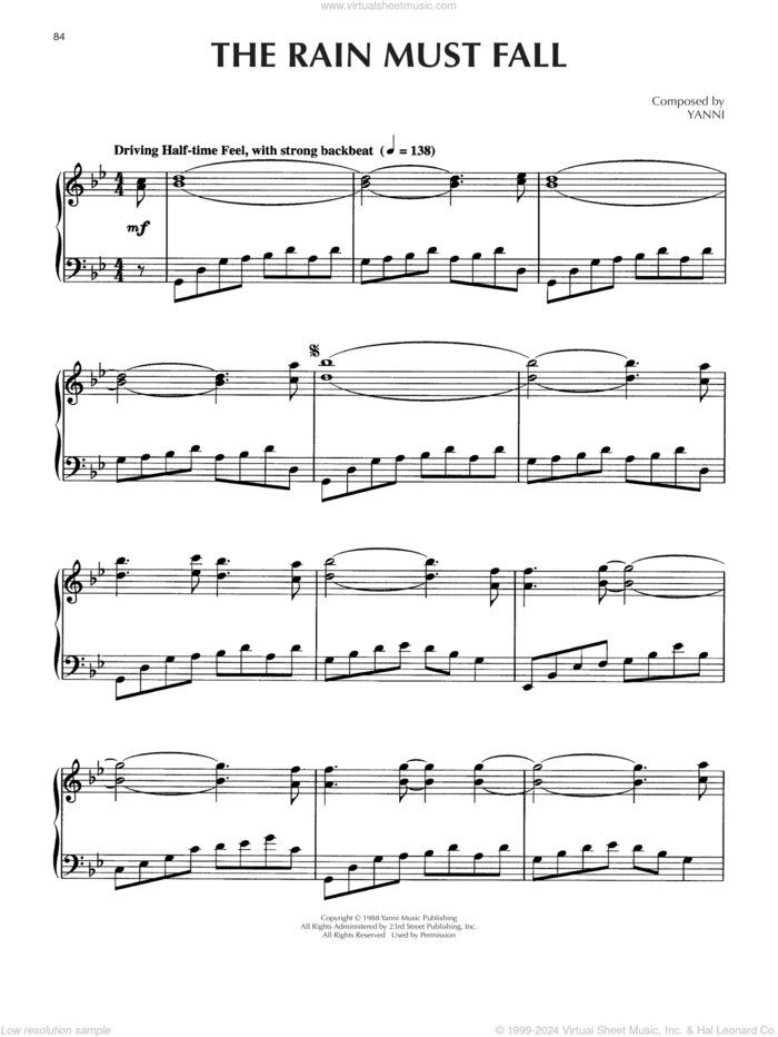 The Rain Must Fall sheet music for piano solo by Yanni, intermediate skill level